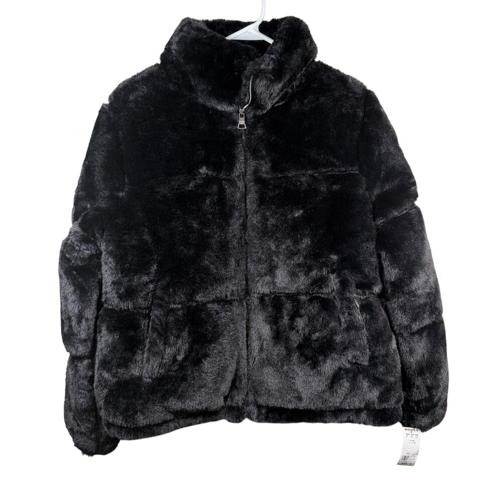 Madden Girl Faux Fur Coat Juniors Small Black Full Zip Cinch Waist Pockets NWT
